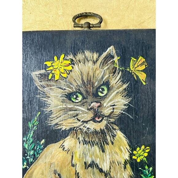 Vintage Original Oil Painting Green-Eyed Kitten Signed by Artist - Picture 2 of 5